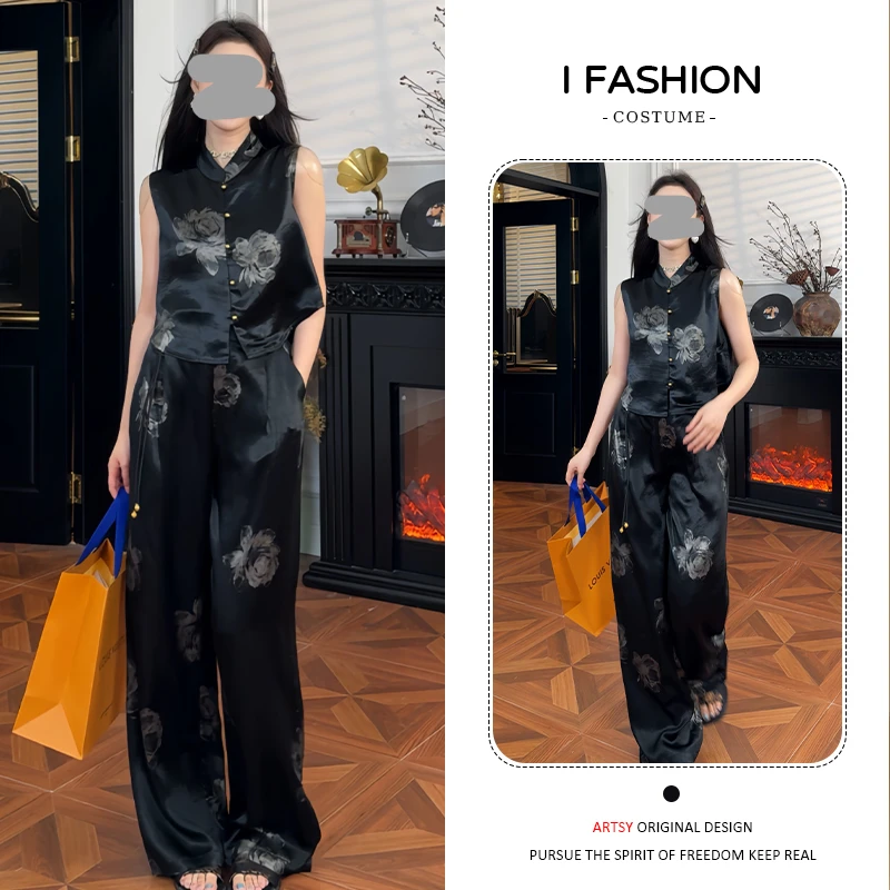 新中式国风高级感套装女2025年夏季新款无袖立领上衣阔腿裤两件套