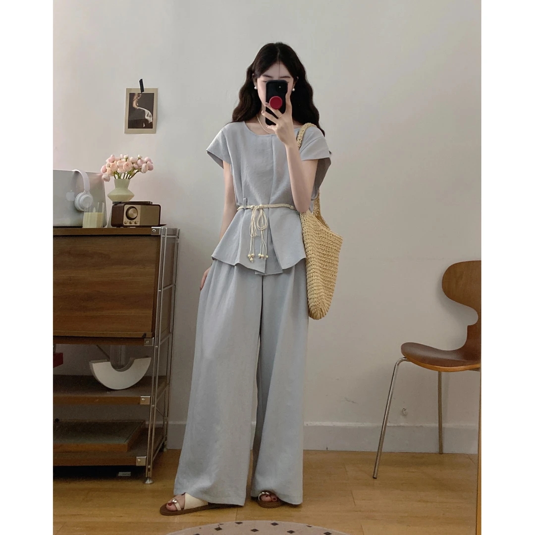 高级感法式系带收腰衬衫长裤套装女夏季大码胖妹妹时髦气质两件套