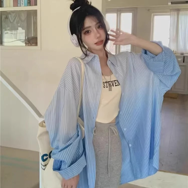 高级感渐变撞色条纹防晒衬衫女士夏季新款中长款宽松休闲慵懒衬衣