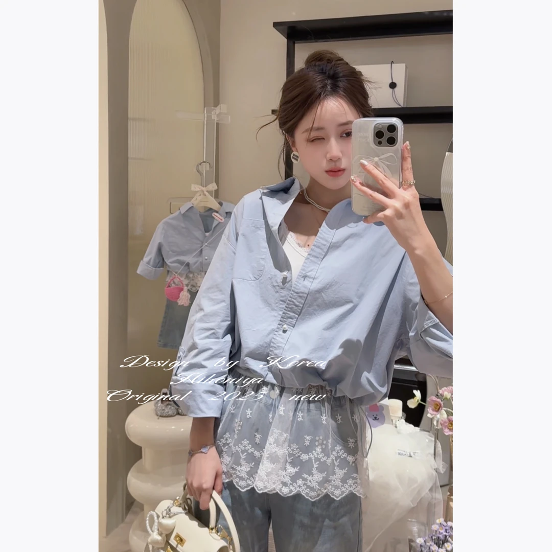 【许妍来了】二Hihoniya~2025春季欧若风亲子蓝色抽绳短款韩版衬衫