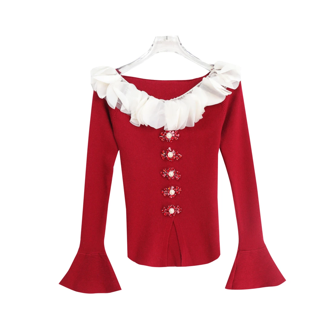 纯欲风荷叶边立体装饰烫钻修身显瘦长袖T恤X27305