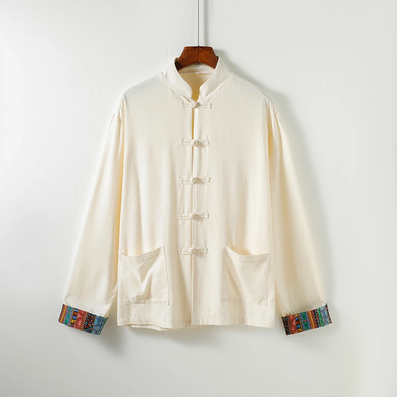 中山茶服外套春季新款中国风藏式印花亚麻长袖衬衫宽松休闲唐装潮