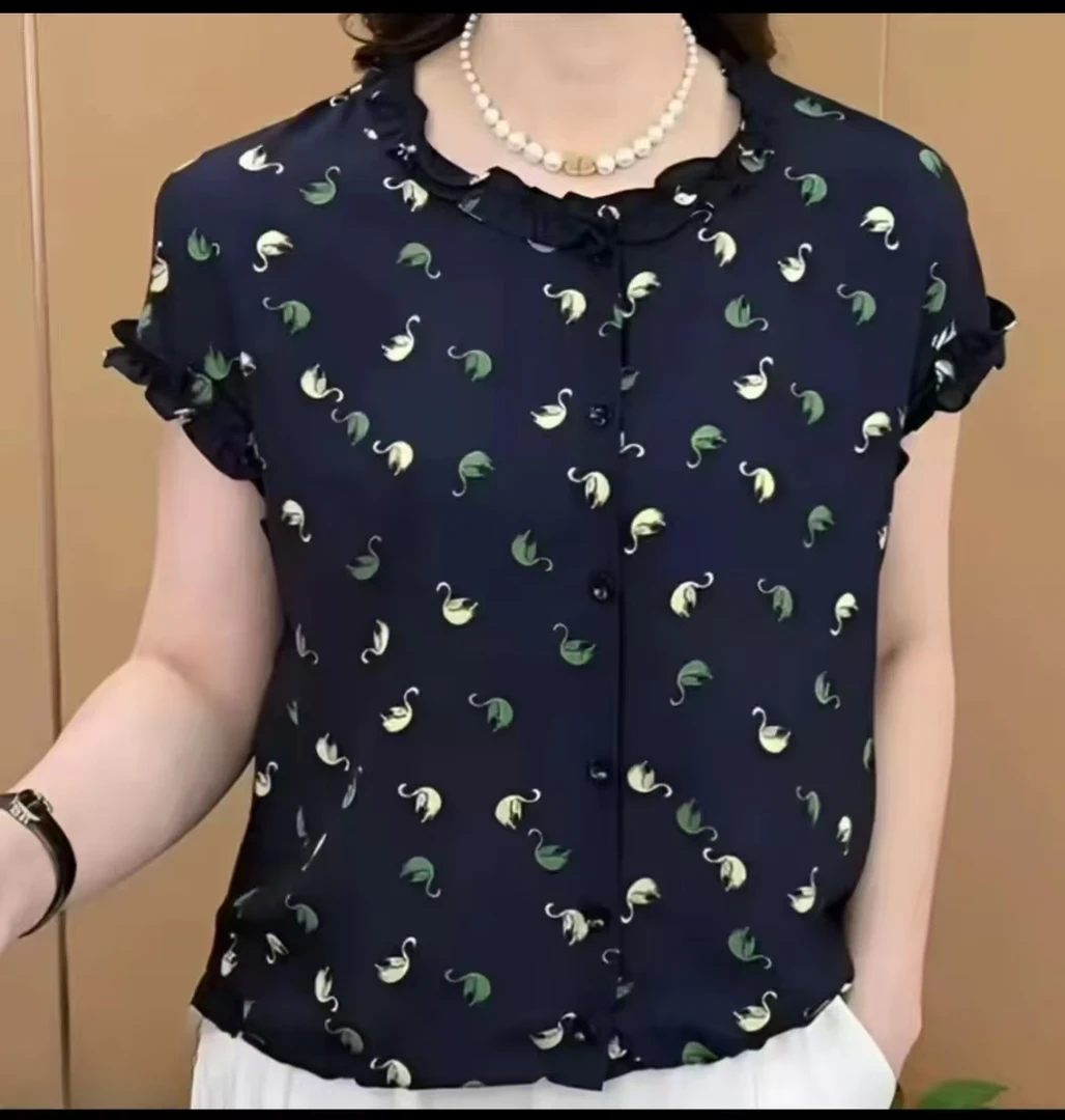 (无抽绳）夏季短袖上衣时尚花边·领透气休闲大码女装时尚妈妈衫