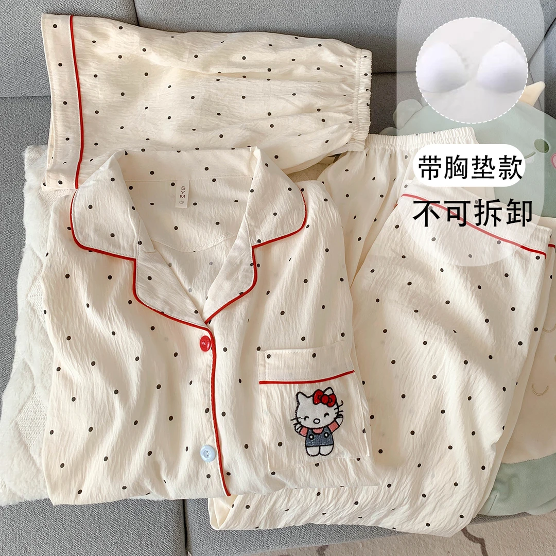 【胸垫版】波点KT猫甜美睡衣女夏季短袖薄款大码家居服三件套套装