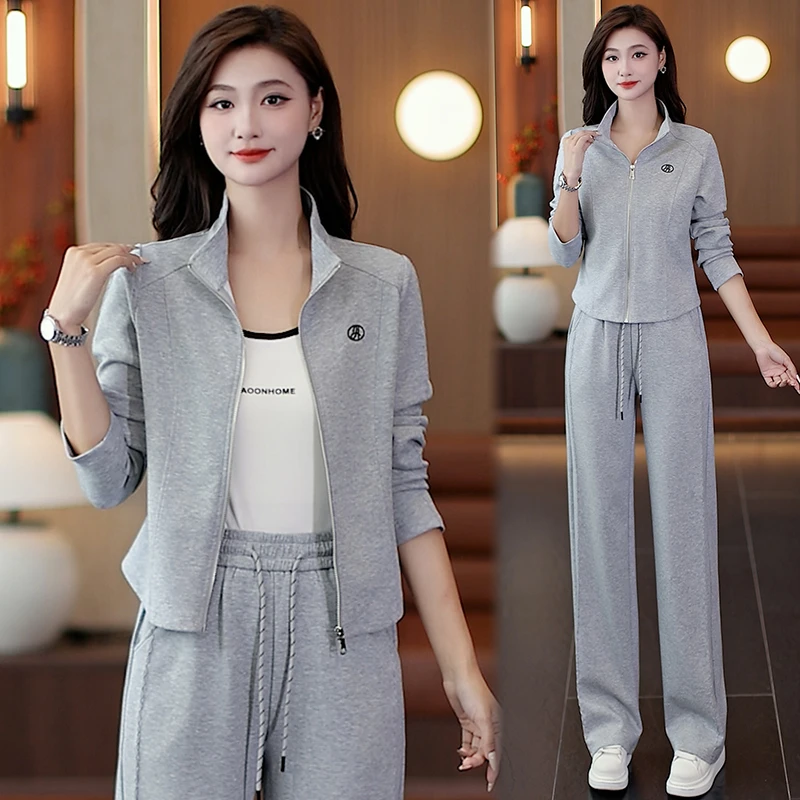 运动套装女2025秋季新款洋气显瘦连帽开衫阔腿裤休闲减龄两件套潮