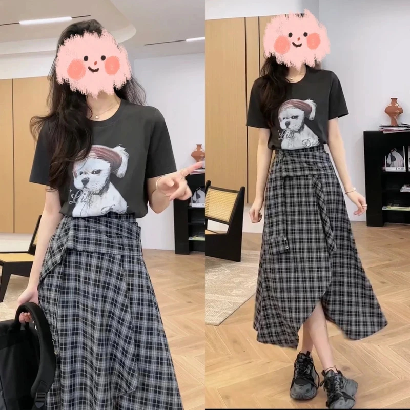 2025夏季新款套装女美式高街圆领短袖T恤不规则格子半身裙两件套