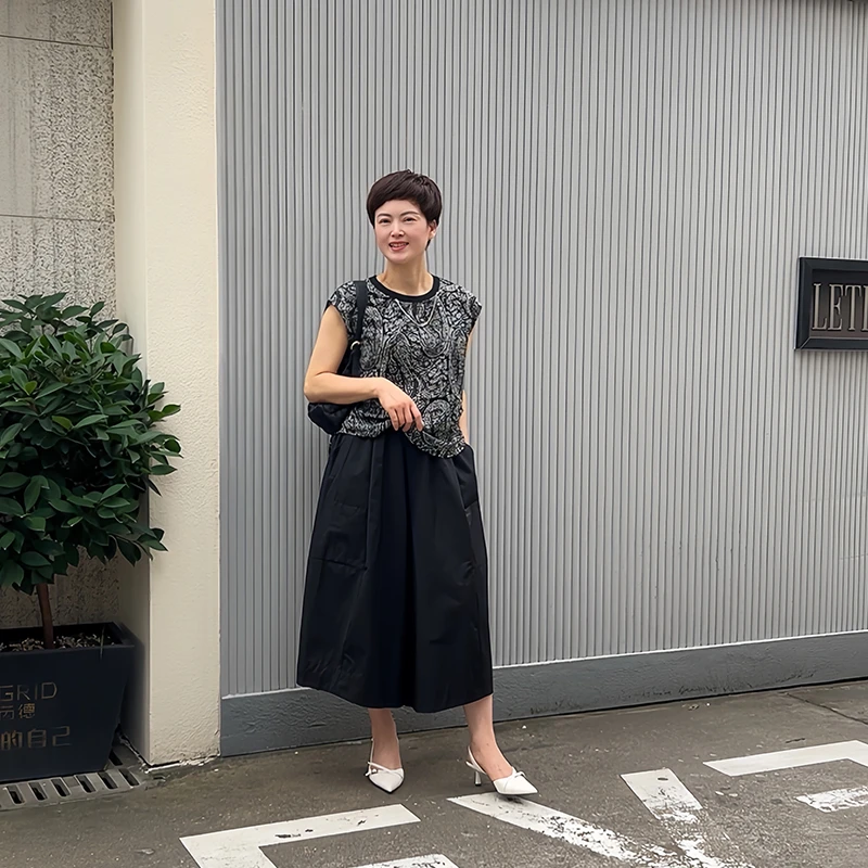 老钱风休闲风无袖潮流套装中长款黑色夏季女款上衣短袖宽松圆领