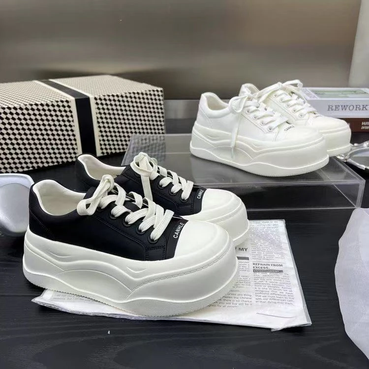 欧版面包板鞋2025夏季6厘米松糕底板鞋厚底休闲休闲系带单鞋女鞋