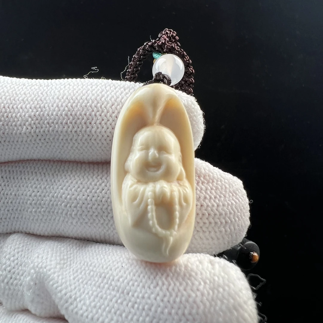 H3015 天然猛犸牙 雕刻牌 弥勒佛牌19*29mm支持鉴定 假一罚四