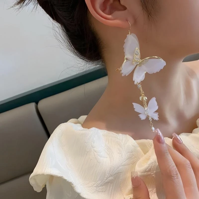 铜合金锆石耳饰 仙气白色蕾丝纱蝴蝶长款流苏耳环夸张系显脸小轻i