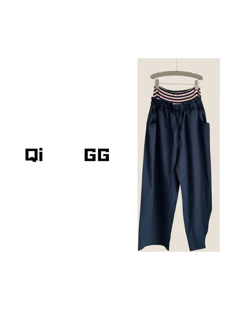 【Qi    GG】双腰头条纹工装裤