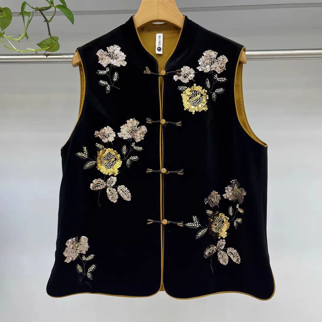 女刺绣马夹双层亮片蝴蝶刺绣丝绒马甲复古中式时尚百搭女士无袖