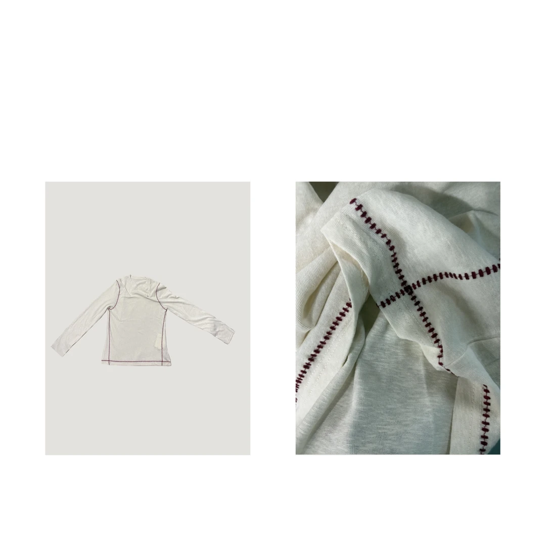 MAINRAY-「复古拼线」小众设计红色撞线打底长袖T恤