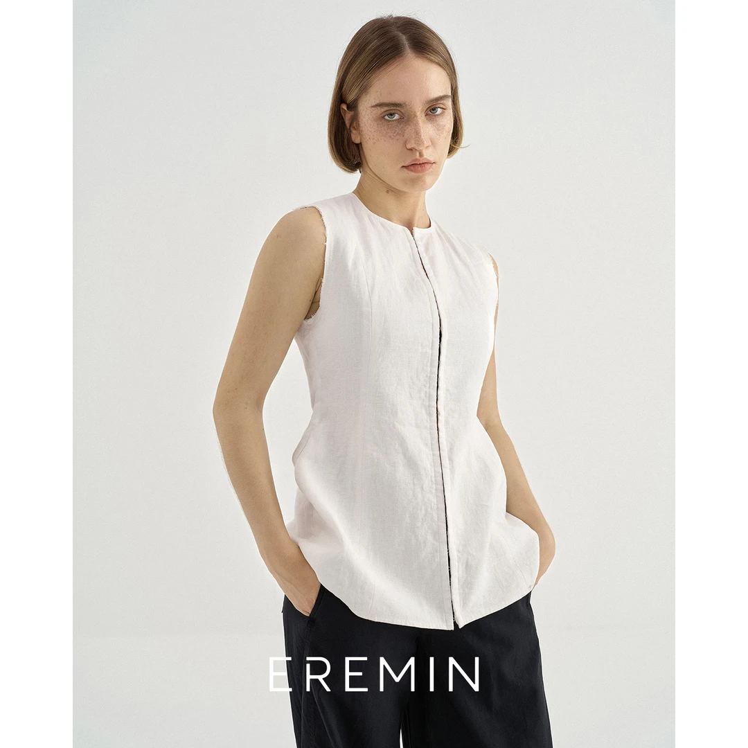 DE Mincollection收腰马甲/简约日系合身显瘦钩扣全亚麻马甲55210