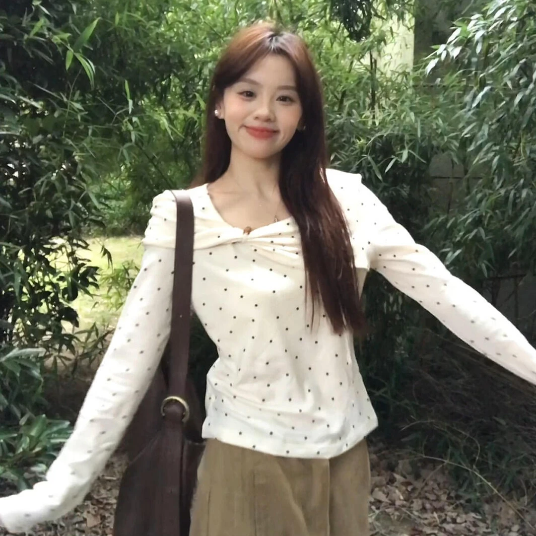 白色波点蝴蝶结长袖t恤女早初秋季2026新款小个子巨好看漂亮上衣