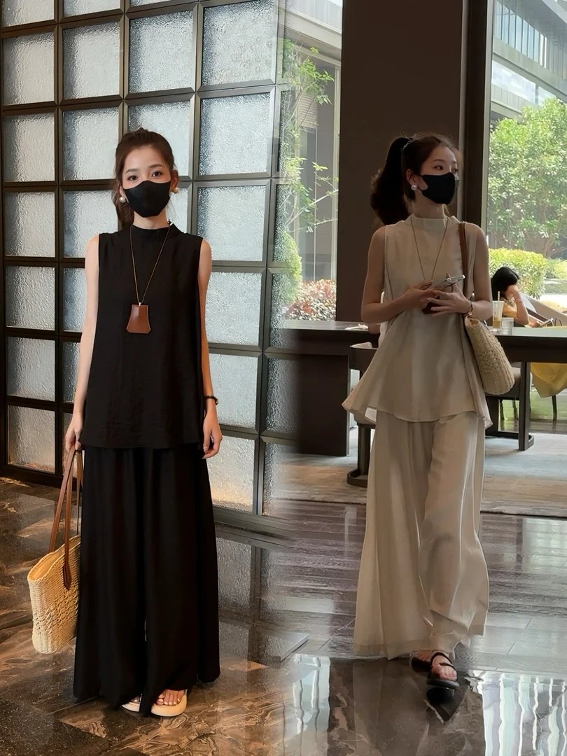 2025夏季新款洋气百搭显瘦气质无袖上衣加松紧腰阔腿裤时尚套装