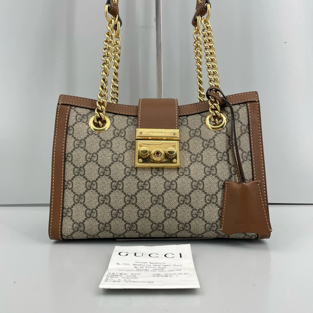 95新 GUCCI/古驰 优选/Padlock小号棕色托特包19年票/26x18x10