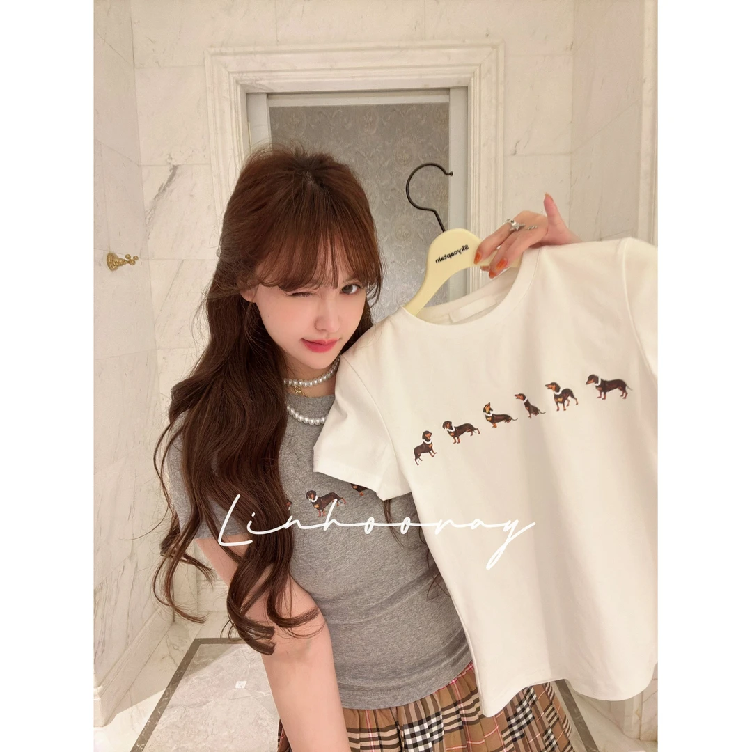 【sKycaptian】原版开发jennie同款腊肠小狗短袖弹力t恤#SK02348