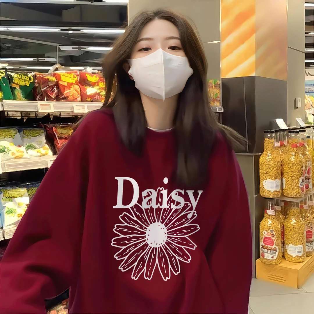 胖mm300斤酒红色加绒卫衣女加厚无帽圆领上衣宽松慵懒风长袖秋冬