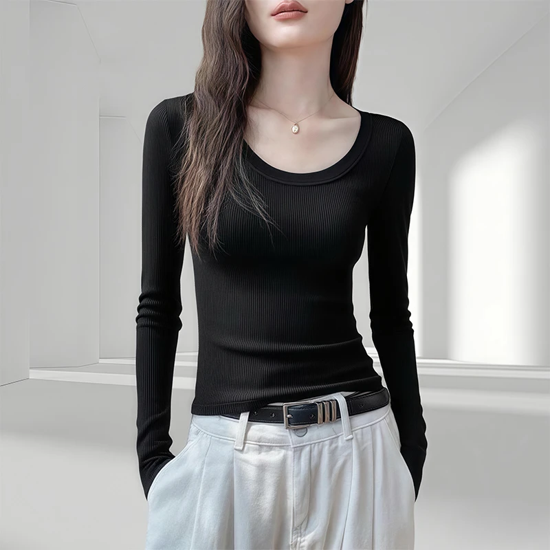 长袖T恤女2025秋冬韩系百搭纯欲风正肩基础款圆领内搭上衣打底衫