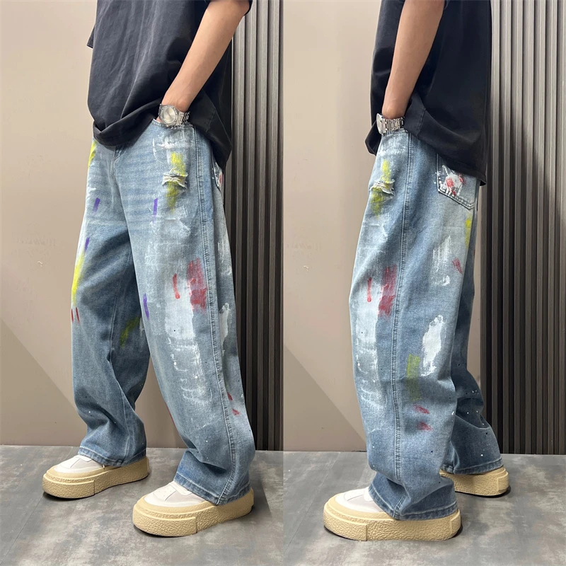 美式高街油漆泼墨痞帅宽松牛仔裤2025秋季阔腿设计感拖地牛仔裤男