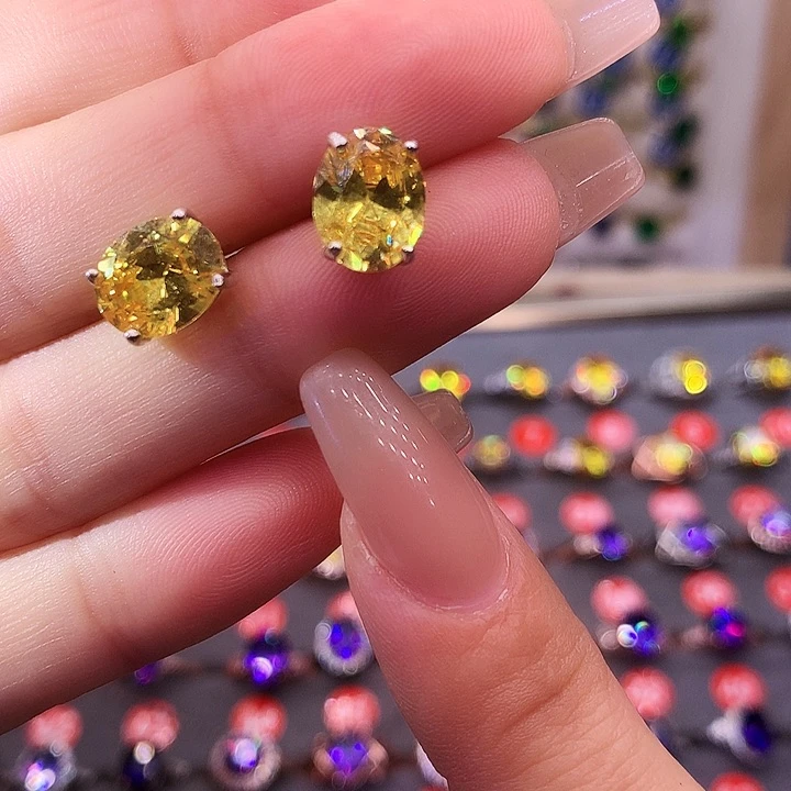 黄晶耳饰银S925镶嵌耳钉