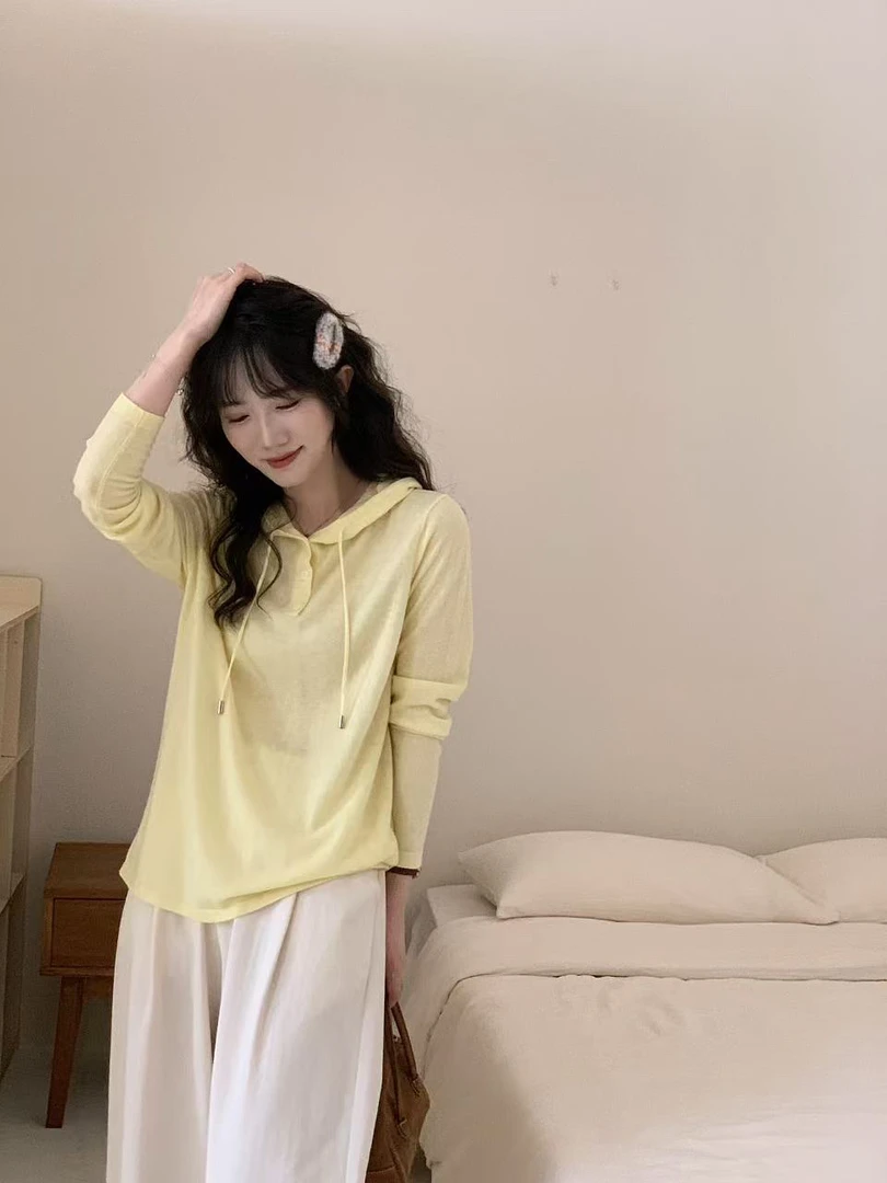 拼接纯色系带都市风连帽秋冬长袖T恤韩版套头宽松ins休闲白色