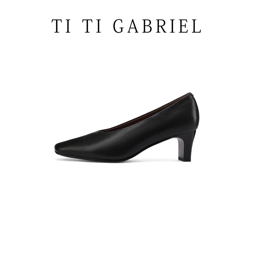 TTG【羊皮】【5CM】2025春真皮粗跟小方头真皮高档浅口女单鞋9819