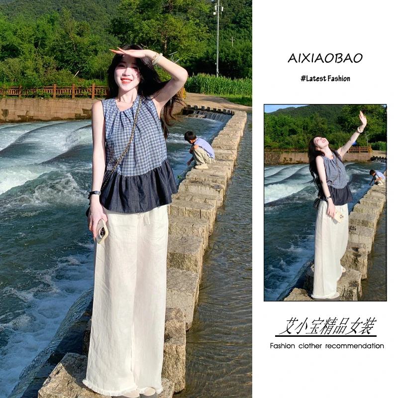 夏季2025年新款女装韩系穿搭甜美风宽松格子背心流苏阔腿裤两件套