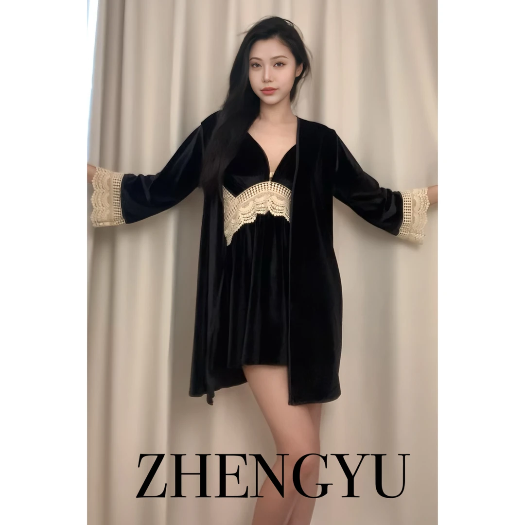 【ZY】波西米亚-秋冬丝绒性感加胸垫蕾丝纯欲露背睡裙外袍家居服
