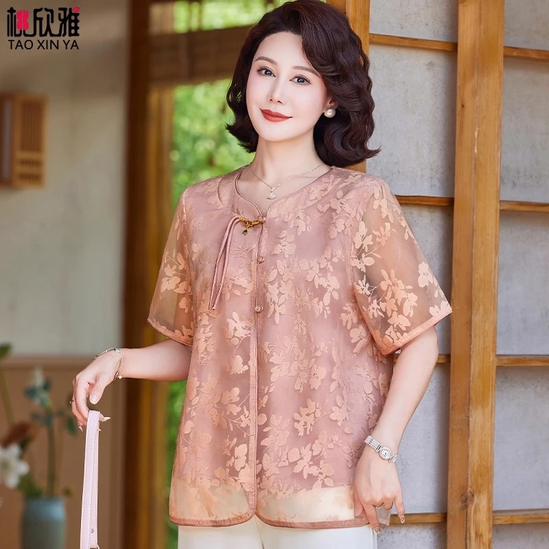 妈妈装夏套装雪纺小衫2025新款阔太太中老年女夏季气质优雅上衣服