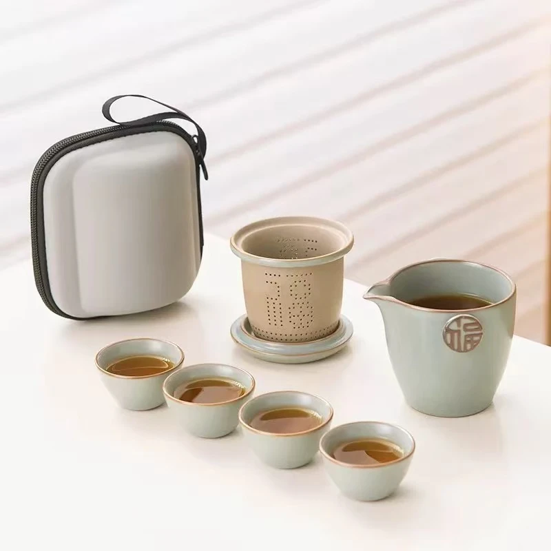 汝窑五福旅行快客杯便携式一壶四杯