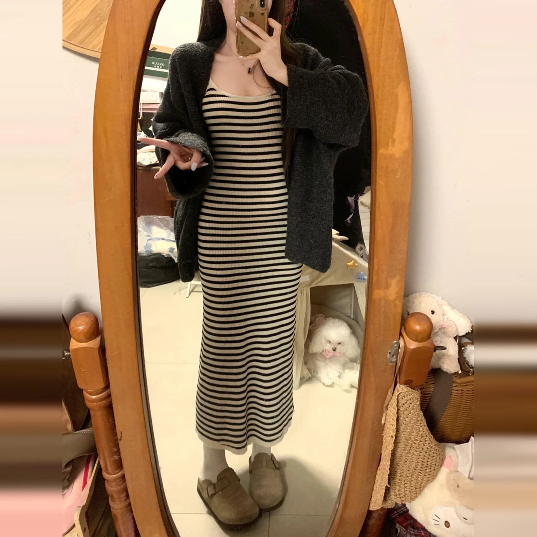 早秋条纹针织内搭打底连衣裙子女秋季2025新款韩系穿搭高级感长裙
