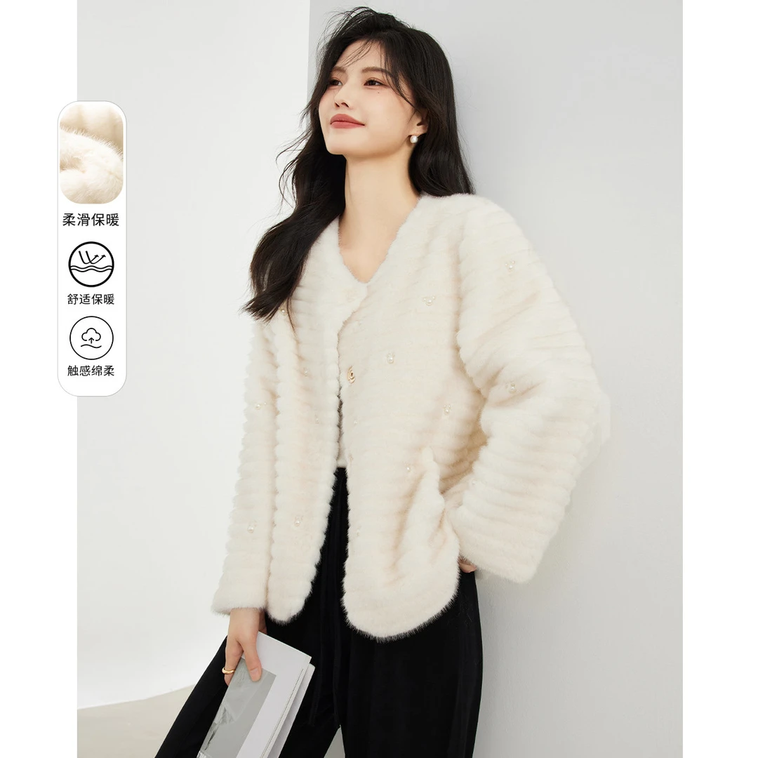 仿皮外套女秋冬季优雅轻奢风环保皮绒感上衣加厚外套3134100006