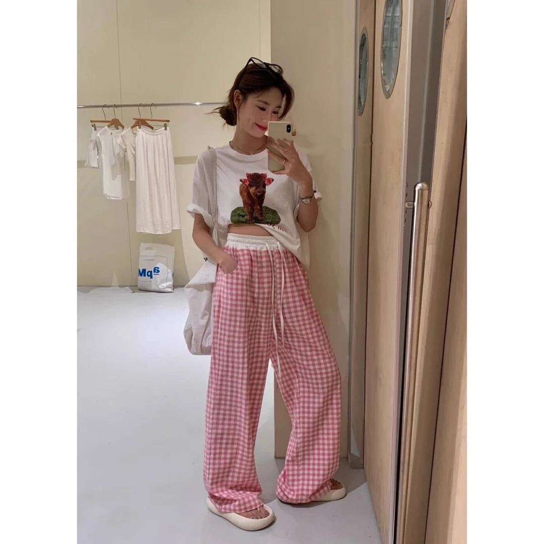 【小巧定制】XQ2515夏季新款显瘦百搭格子阔腿裤