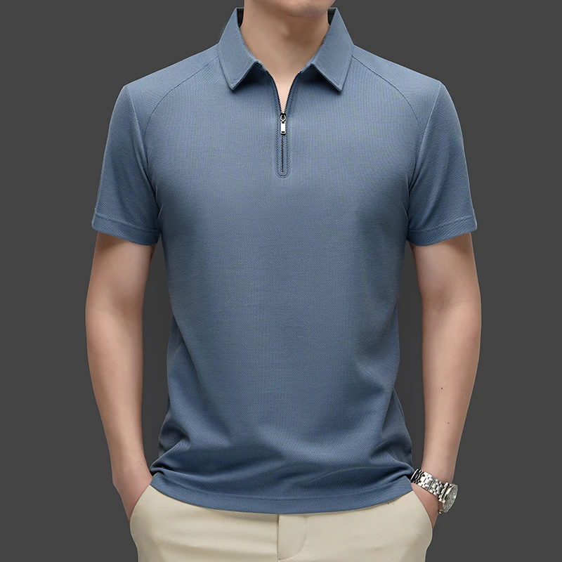 高弹桑蚕丝polo衫男生短袖夏季薄款高级棉修身潮流半拉链翻领痞帅