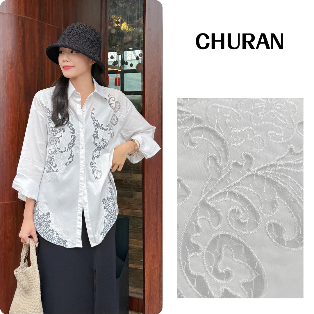 U.V.Y新款国风刺绣工艺长袖宽松衬衫百搭纯色气质休闲蕾丝衬衣女