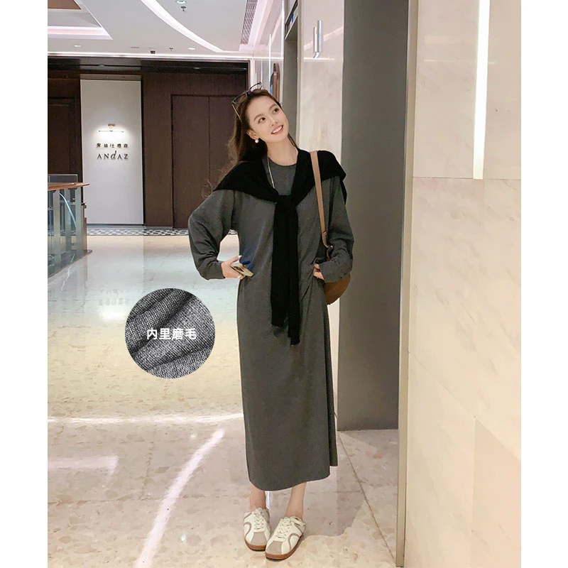 美洋MEIYANG 面膜裙 磨毛保暖宽松休闲基础百搭圆领长袖连衣裙U