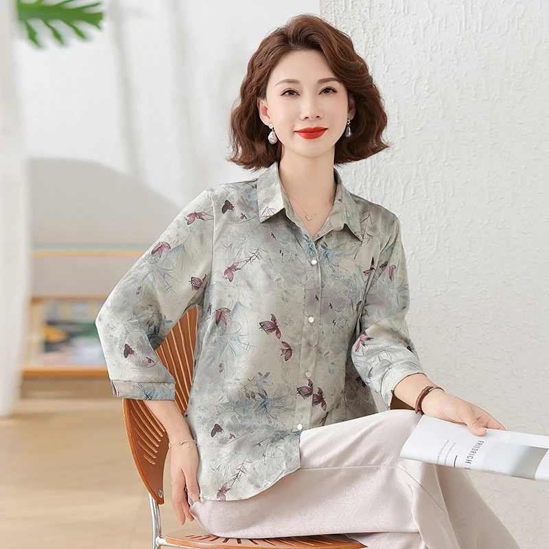 春夏季妈妈装上衣洋气夏装中老年女装衬衫七分袖中年女士宽松小衫