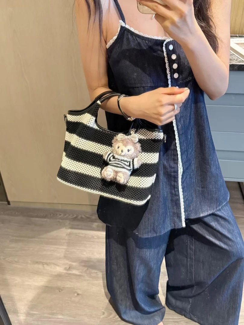 条纹编织水桶包包女2025新款夏季菜篮子手提包托特包单肩斜挎包包