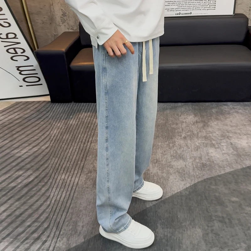 美式潮牌霜花石磨水洗蓝cleanfit春夏阔腿长裤浅色拖地裤牛仔裤男