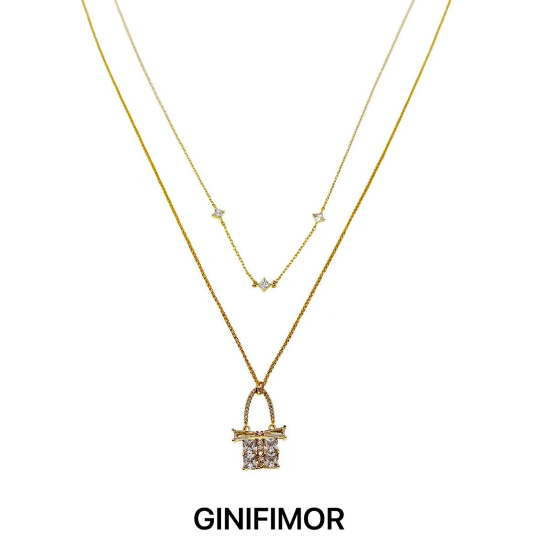 GINIFIMOR 铜合金项链 a758 双层叠戴闪锆包包项链百搭气质锁骨链