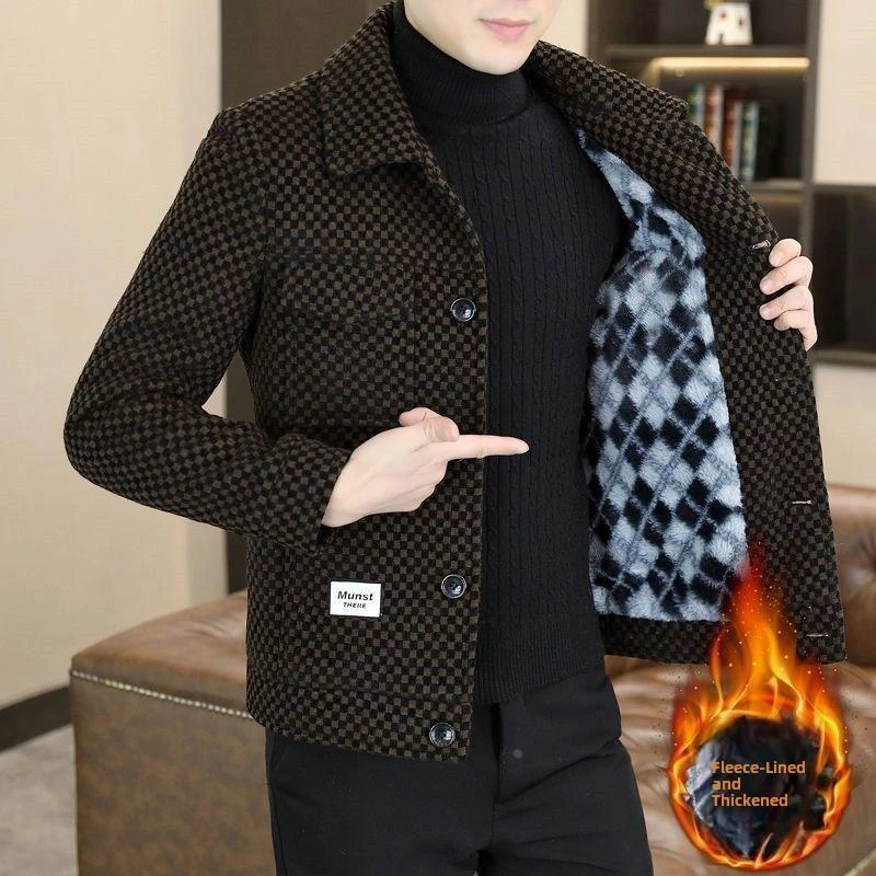 【澳门&专柜】秋冬羊毛外套男士丝绒加厚优雅夹克格纹冬装高端短