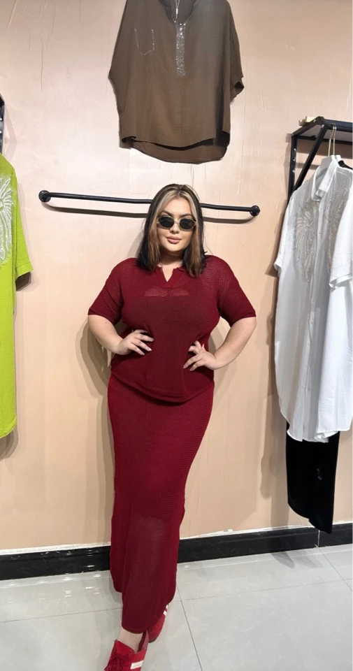 新款Banure夏季宽松镂空女士上衣半身裙时尚简约套装