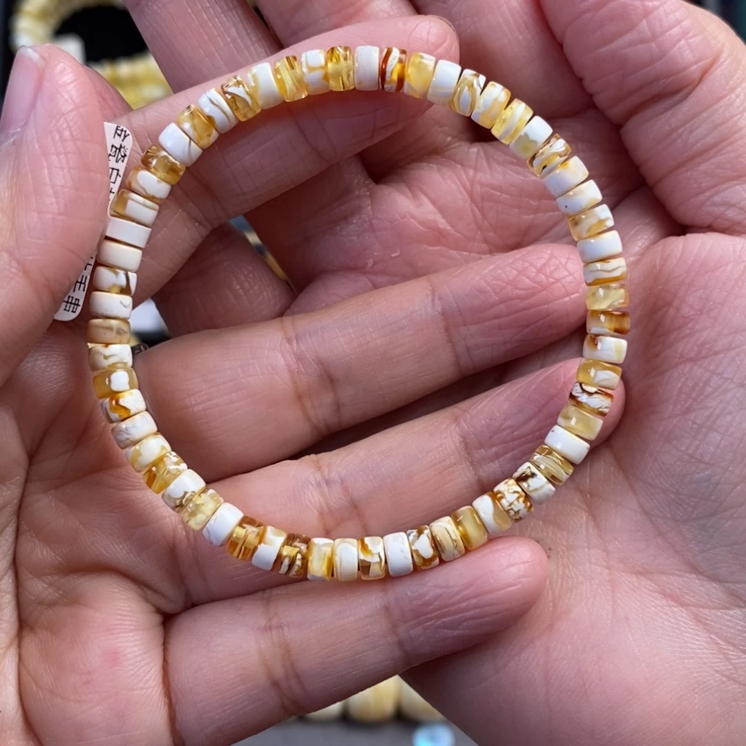 李***前蜜蜡未镶嵌裸石金瓷白拉丝纹药片手串5