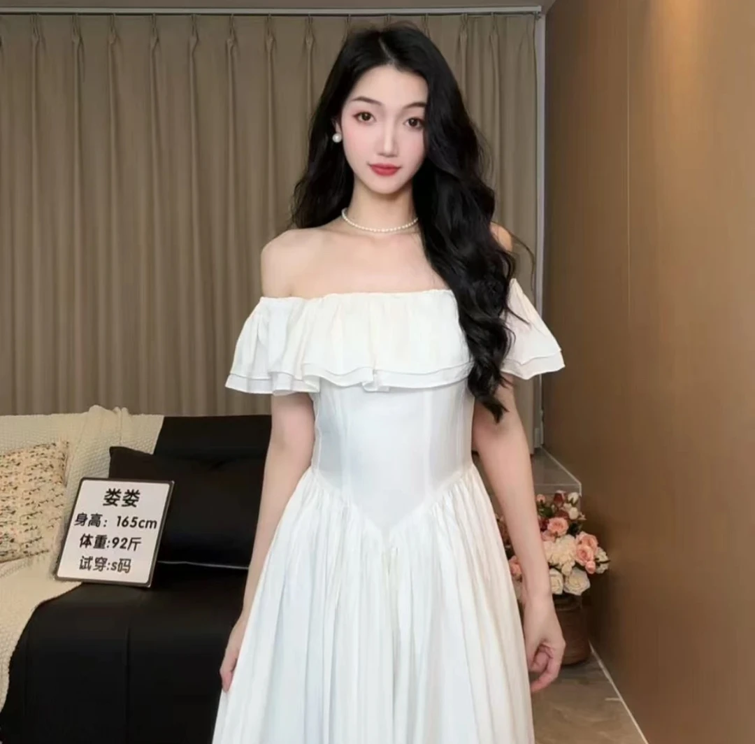 白色连衣裙夏季法式收腰显瘦气质中长款短袖裙子温柔设计感高腰