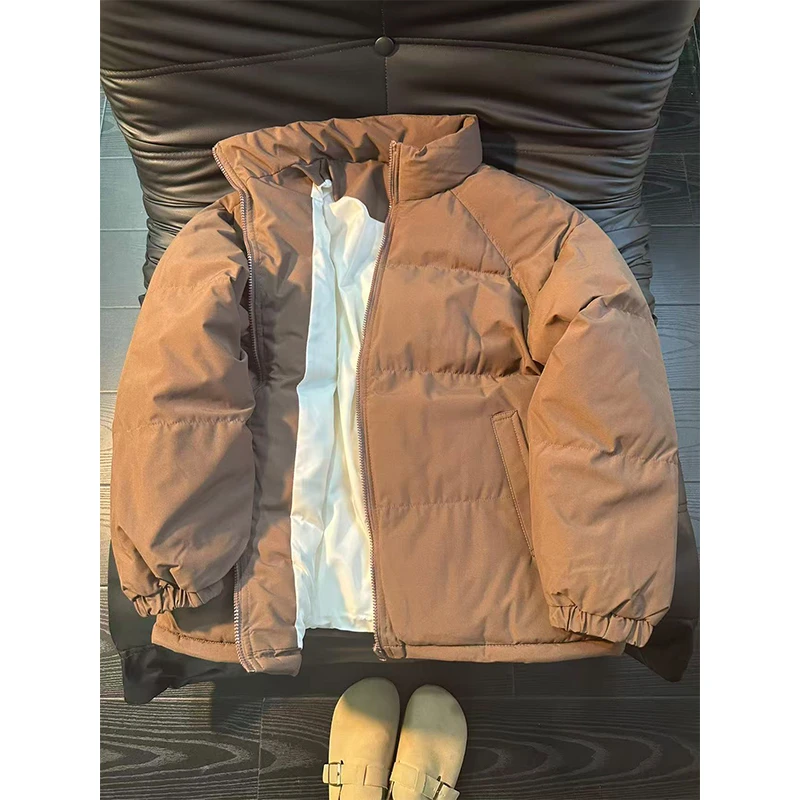 美拉德穿搭咖色棉服男款冬季纯色立领加厚棉袄美式复古面包服外套