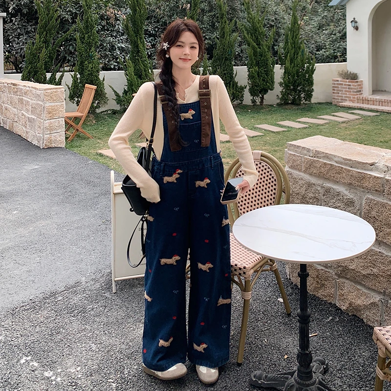 酷盐系腊肠狗刺绣牛仔背带裤女春季韩版宽松设计感直筒阔腿连体裤