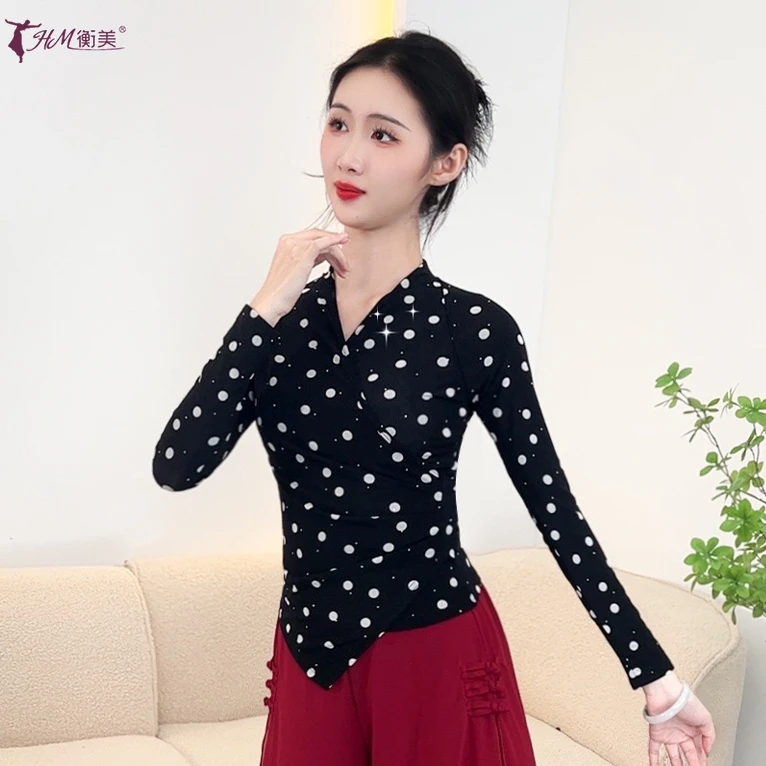 古典舞上衣新款长袖波点烫钻网纱广场舞服装修身显瘦现代舞练功服