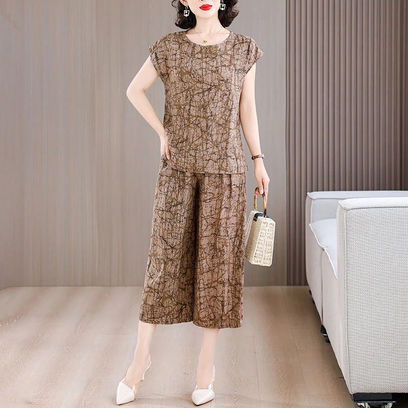 新款棉绸套装中老年女装夏季时尚洋气大码显瘦短袖阔腿裤子两件套